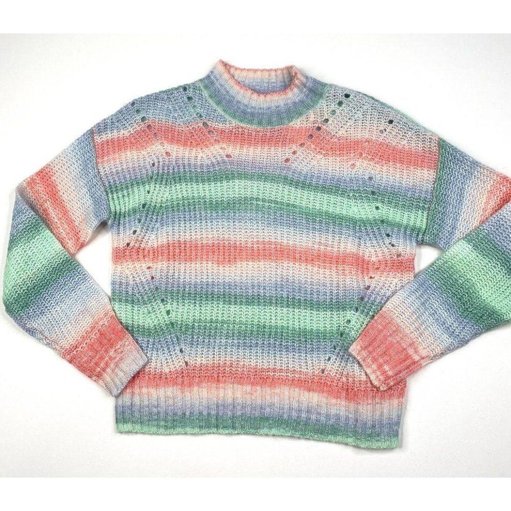 Juniors Sweater Top Large Blue Pink Striped Mock‎